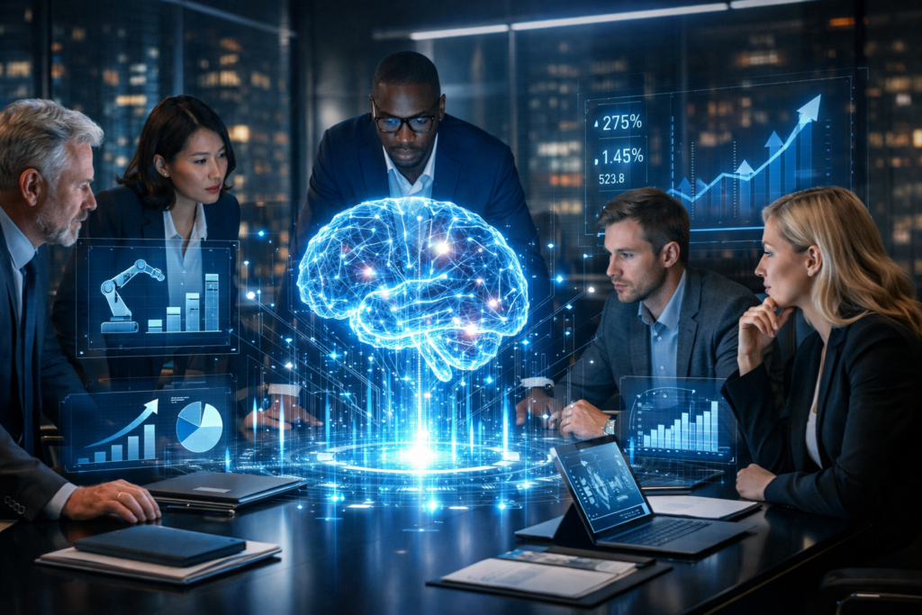 When Should Companies Hire an AI Development Team? – business leaders reviewing AI growth strategy and proprietary intelligence systems