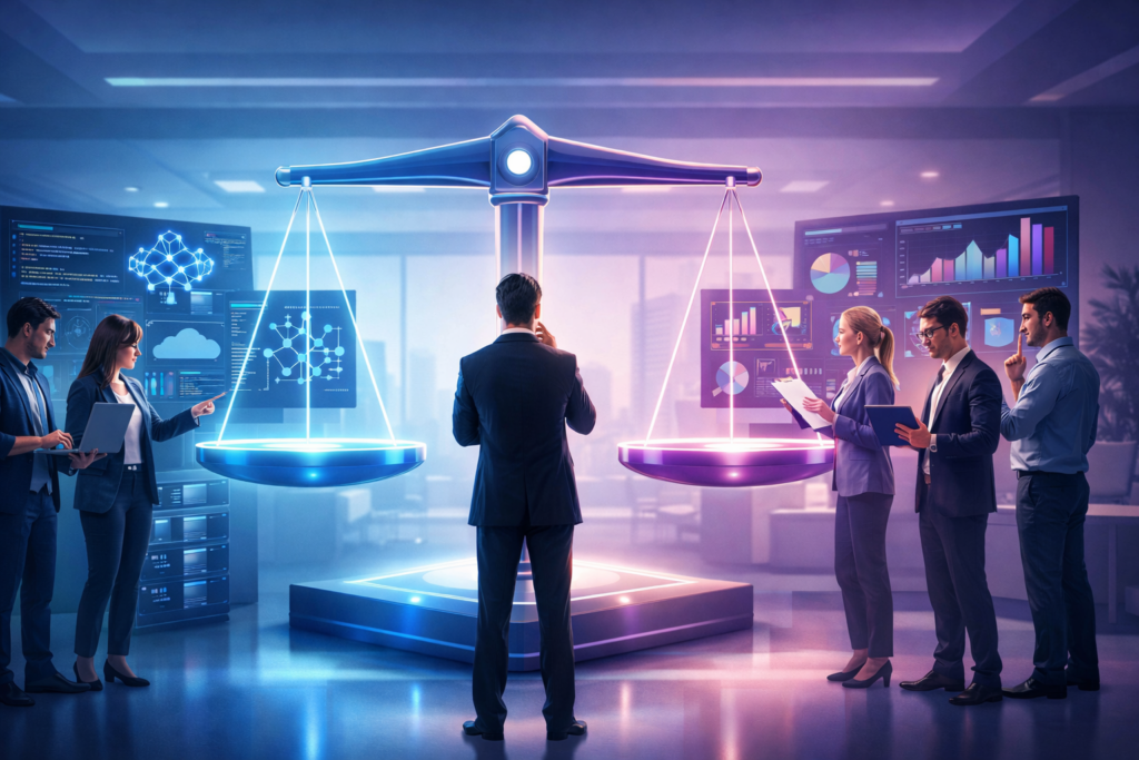 AI Developers vs Data Scientists: Who Should You Hire? comparison visual showing AI development teams and data science teams on a digital decision scale
