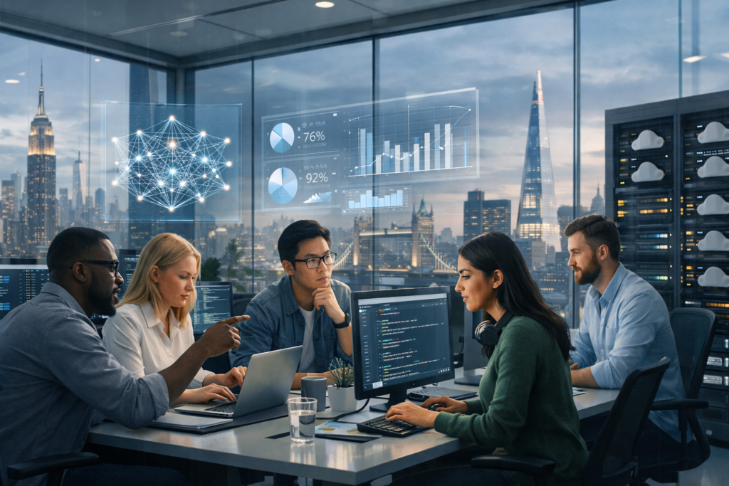 Cost of Hiring AI Developers in 2025 – AI development team analyzing hiring budgets, salaries and ROI in USA and UK markets