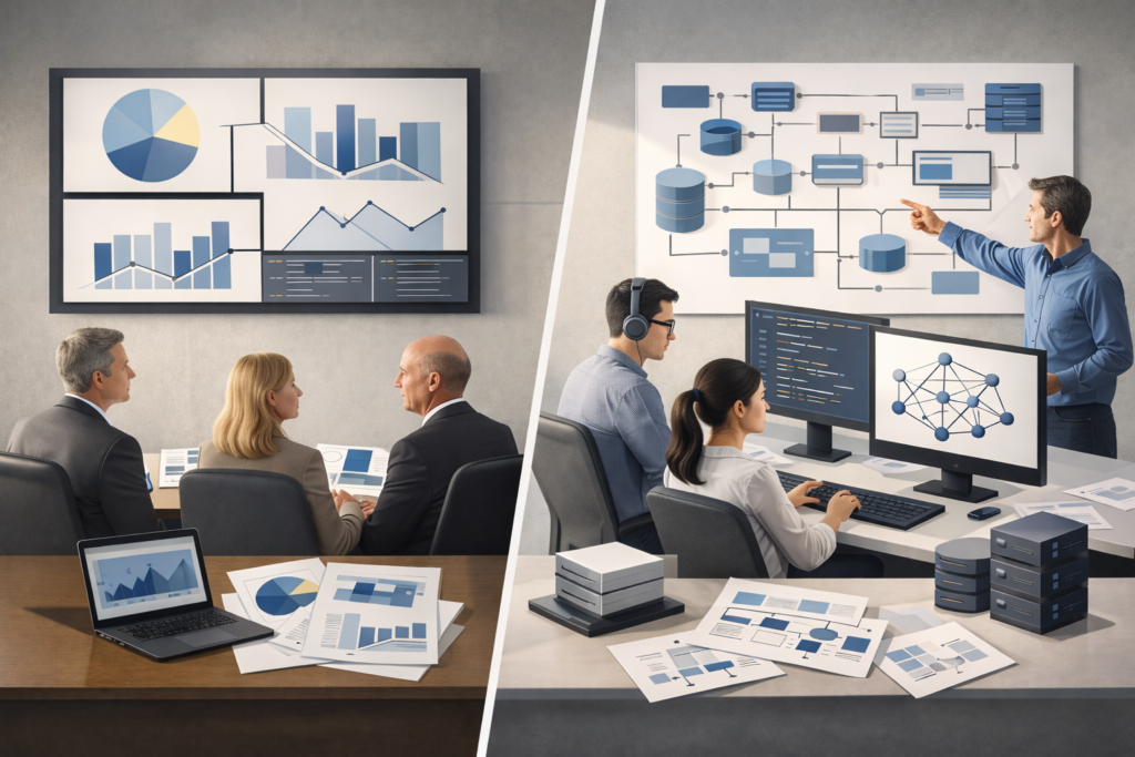 Common Mistakes When Hiring AI Teams illustrated through strategic and technical misalignment in a modern business environment