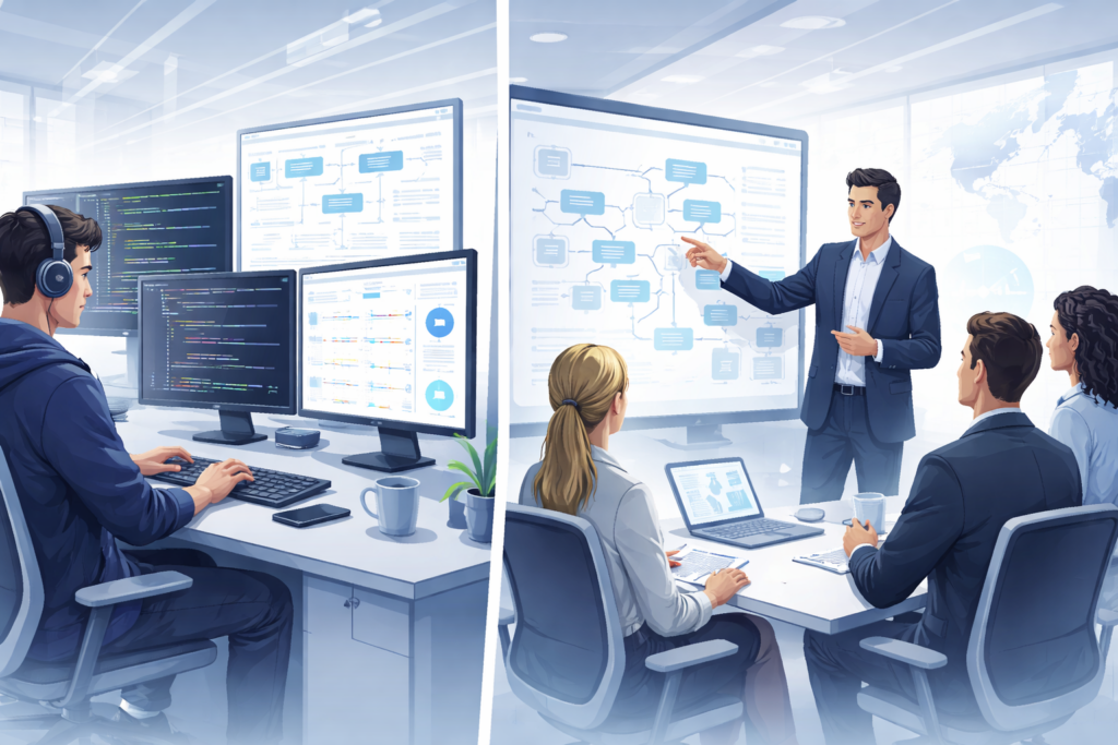 Hire ServiceNow Developers vs Consultants comparison showing technical development and business strategy roles in a modern enterprise environment